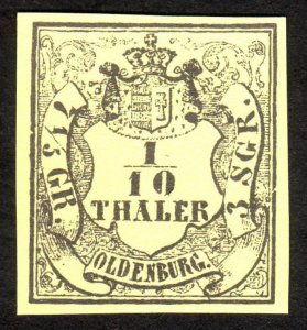 1852, Germany Oldenburg 1/10Th, MNG, Sc 3, Reprint