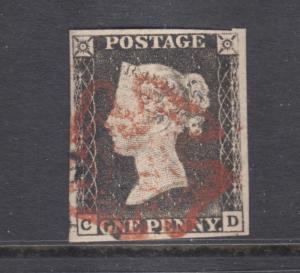 Great Britain Sc 1b used. 1840 Penny Black, corner letters C-D, sound, Plate 7