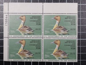 Scott RW53 1986 $7.50 Duck Stamp MNH Plate Block UL 176844 SCV - $60.00
