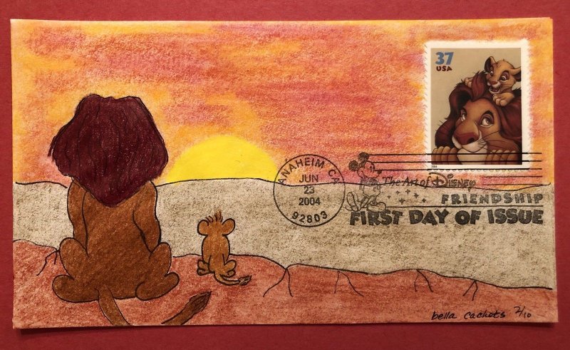 2004 FDC First Day Cover Hand Painted Lion King Cachet Disney Bella #/10