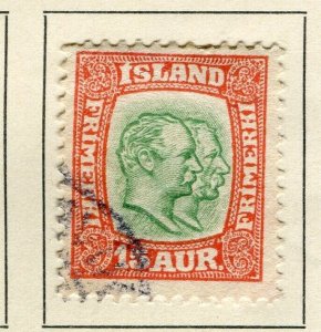 ICELAND; 1907 early Double Kings issue fine used 15a. value