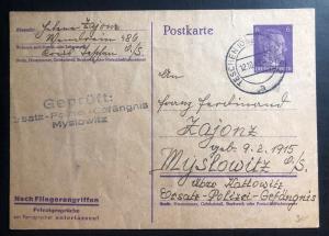 1943 Teschen Poland Postcard Cover To Gestapo Police Prisoner Jail Myslowitz 1