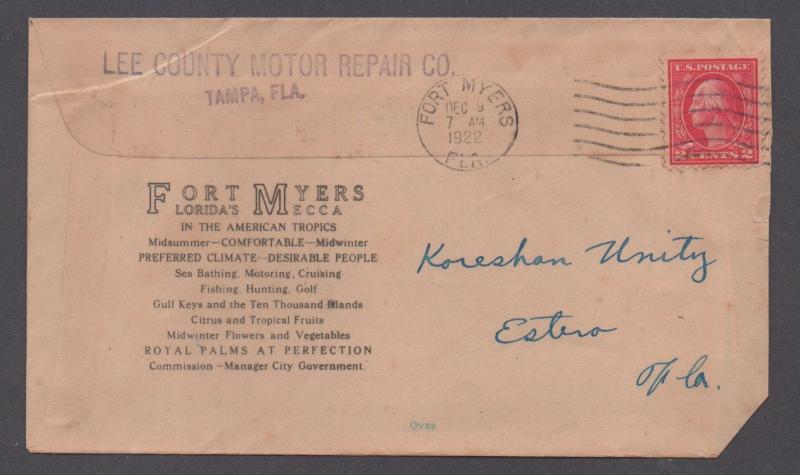 **US 20th Century Advertising Cover, Ft. Myers, FL, 12/9/1922, Adver on Back