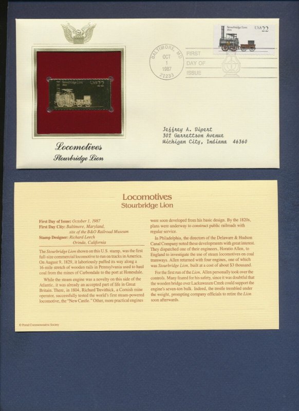 1987 - Stourbridge Lion, Train Locomotive   - 22Kt Gold Golden FDC Cover