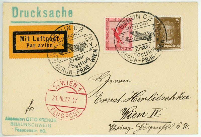 Germany Berlin to Vienna #27.1-03 First Flight Airmail Cover Postage 1927 Europe