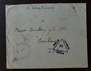 1943 Colombo Ceylon to Bombay India  Field Unit Censor Soldiers Free Mail Cover