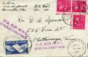 U.S. Scott 806 (3) Prexies/Prexys & E20 on Airmail Special Delivery Cover