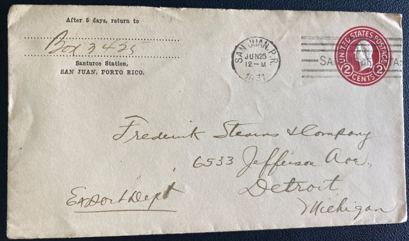 1931 San Juan Puerto Rico Postal Stationery Cover TO Detroit MI Usa