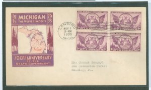 US 775 1935 3c Michigan Centennial, Block Of 4, On An Addressed, Typed FDC With An Ioor Cachet, Bumped Corner