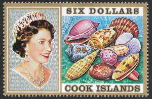 Cook Islands Scott 400 MNH $6 Queen Elizabeth II & Seashells issue of 1975, QEII