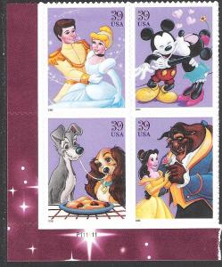 US Plate Block, Cat #4025-28, Disney Characters, MNH*-