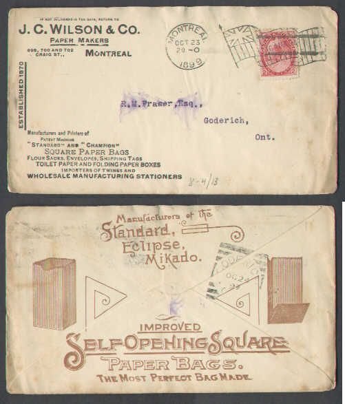 Canada-cover #4587-2c Numeral-Montreal-Oc 23 1899-CC JC Wilson & Co advertising-