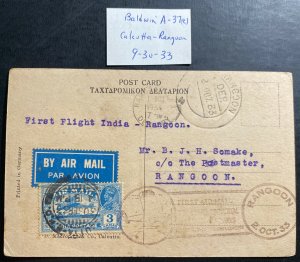 1933 Calcutta India First Flight Airmail Postcard cover FFC To Rangoon Burma