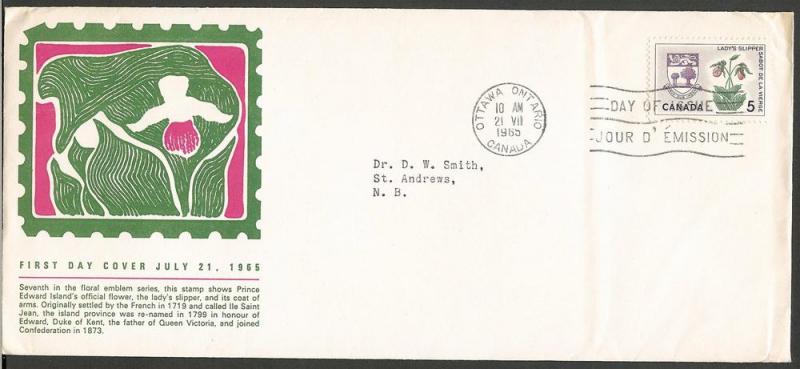 Canada 424 FDC. 1965, Coat of Arms, Flower