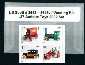 US Scott # 3642 - 3645v / 2002 Antique Toys Block of 4 // BK 292