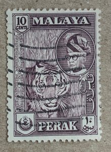 Malaya Perak 1960 10c Tiger maroon shade, used. Scott 132, CV $0.25. SG 156. Cat