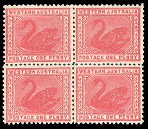 Western Australia #90 Cat$100+ (for hinged), 1905 1p rose, block of four, top...