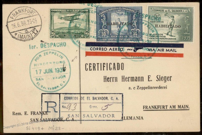 El Salvador 1936 Germany Hindenburg Zeppelin Si419 Registered Flown Cover 93840