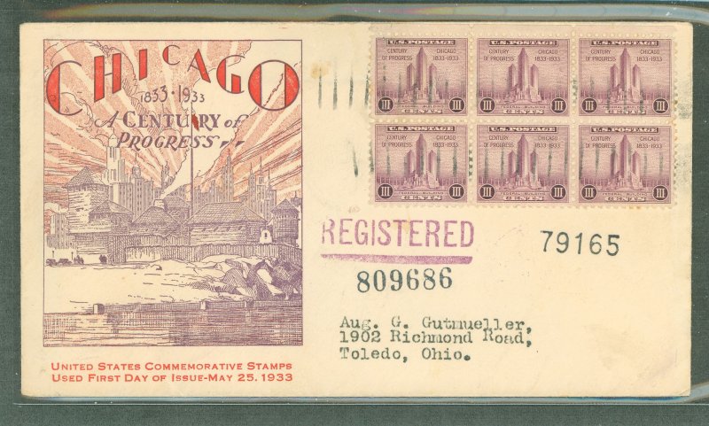 US 729 1933 3c Century of Progress (proposed Federal bldg) block of 6 on a registered addressed first day cover with an Ioor cac