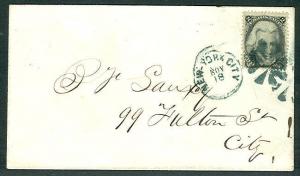 (1865) 2¢ black “E” Grill (#87) tied New York City + fancy cancel on cover