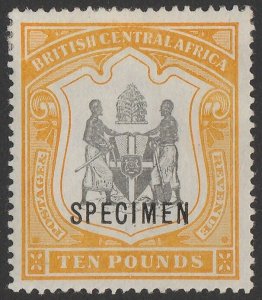 BRITISH CENTRAL AFRICA 1897 Arms £10 SPECIMEN. normal cat £12,000.