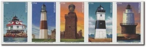 2021 55c Mid-Atlantic Lighthouses, Strip of 5, Mint Imperforate Scott 5621-5625
