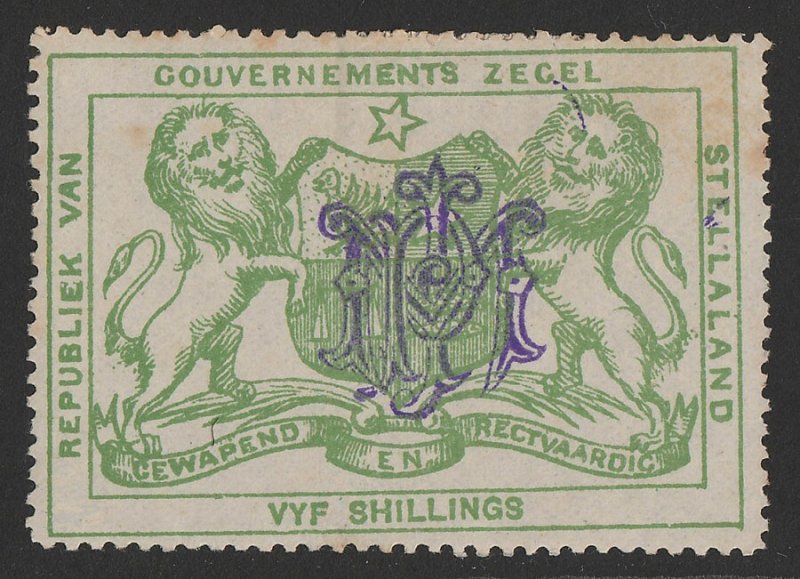 BECHUANALAND Stellaland 1886 Arms Revenue 5/- green, monogram h/s. 