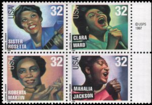 1998 Gospel Singers Plate Block of 4 32c Postage Stamps, Sc# 3216-3219, MNH, OG