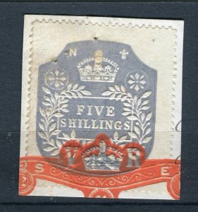BRITAIN; Early 1900s classic QV Embossed Revenue 5s. used on piece