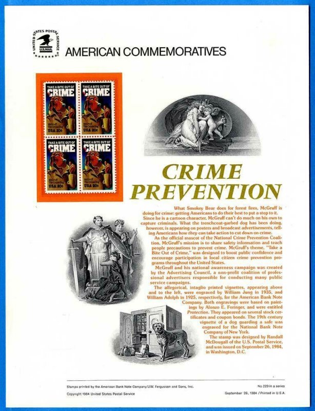 USPS COMMEMORATIVE PANEL #229 CRIME PREVENTION #2102