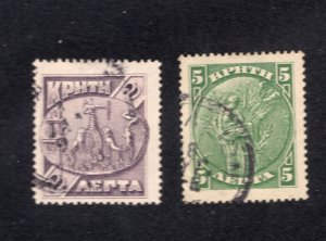 Crete 1905 2 l dull violet & 5 l yellow green, Scott 74-75 used, value = 70c