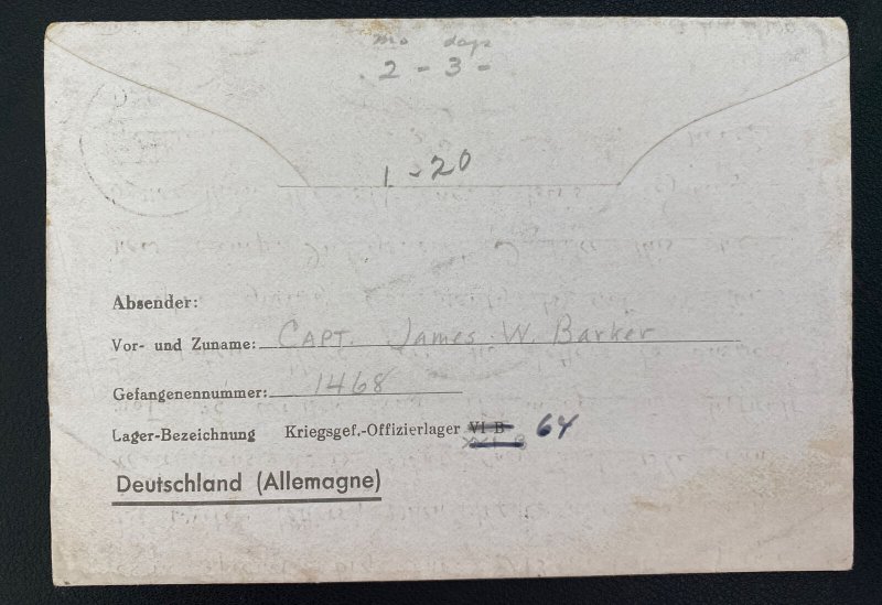 1943 Germany Oflag 64 Prisoner of War POW Letter Sheet Cover Capt James W Barker