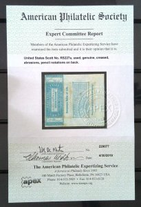 Scott #RS227a - 1c Blue - Old Paper - 2019 APS cert - Syracuse Wrapper