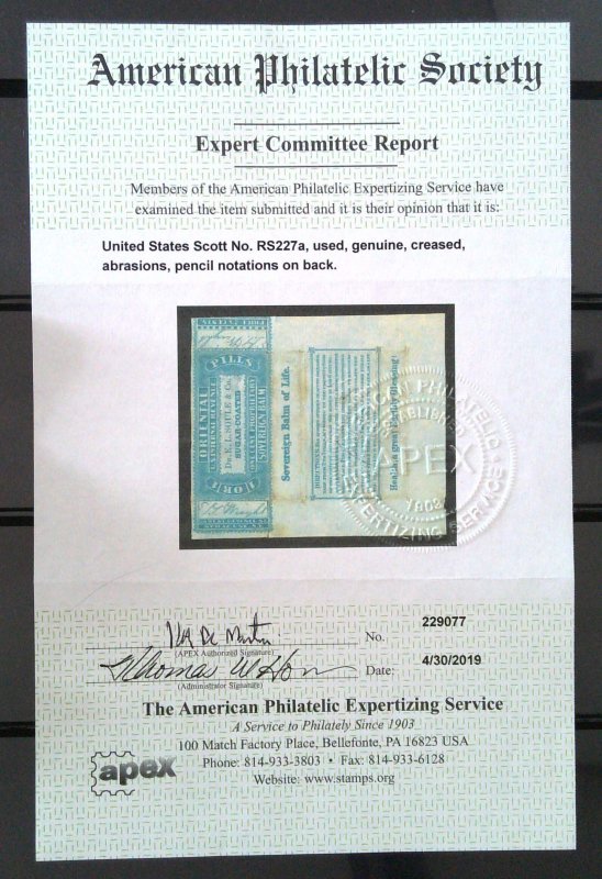 Scott #RS227a - 1c Blue - Old Paper - 2019 APS cert - Syracuse Wrapper
