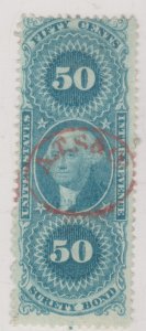 U.S. Scott R63c 50c Washington Surety Bond  SON A T S & CO. in Red XF 1862-71