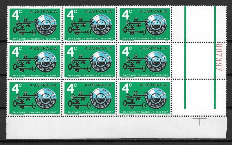 1967 Australia 425 Banking MNH block of 9 with plate number