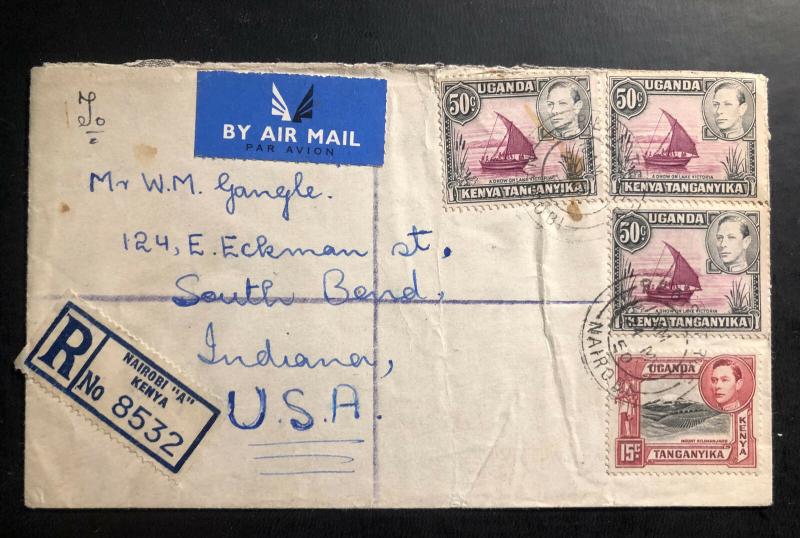 1950 Nairobi Kenia KUT Airmail Registered Cover to South Bend IN USA 