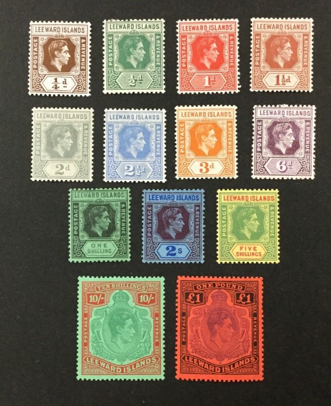 LEEWARD ISLANDS #103-115, 1938-51 set of 13, KGVI, MH. CV $149.45. (BJS)