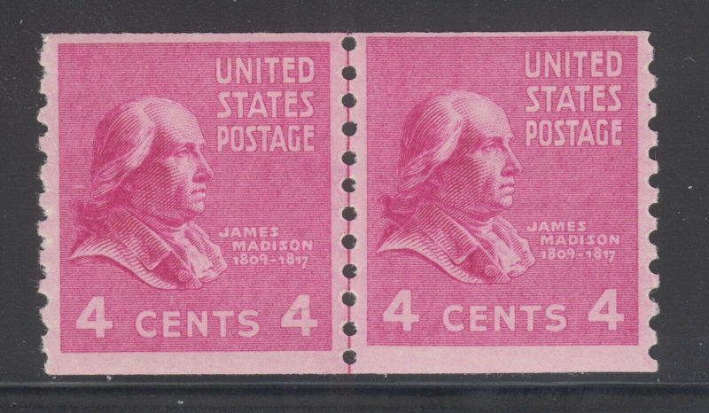 US Sc 843 MNH. 1939 4c red violet James Madison Joint Line Pair, F-VF