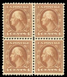 United States, 1910-30 #503 Cat$58, 1917-19 4c brown, block of four, top stam...