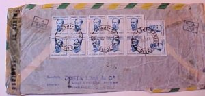 BRAZIL 10 OR MORE STAMPS ON 1944 COVER TO NY WITH 27 STAMPS CENSORED