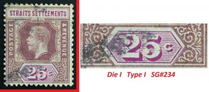 Malaya Straits Settlements 1921 KGV 25c Die I Type I MSCA USED SG#234 M2507