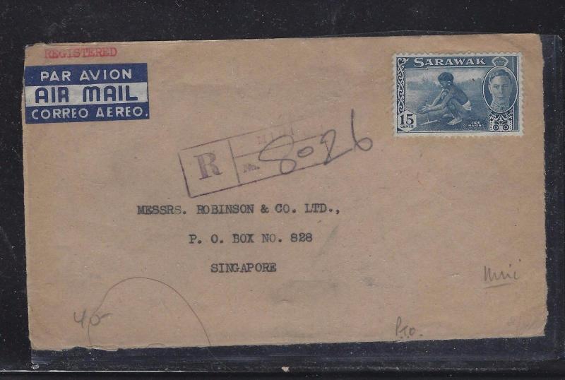   SARAWAK POSTAL HISTORY (PP1509B) KGVI 15C+ 10C X2 1954 REG MIRI TO SINGAPORE