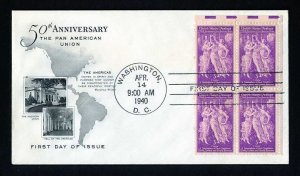 # 895 Block of 4 First Day Cover unaddressed Artcraft cachet - 4-14-1940 - # 1