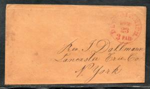 US Stampless Detroit MI 3 Paid to Lancaster NY B910