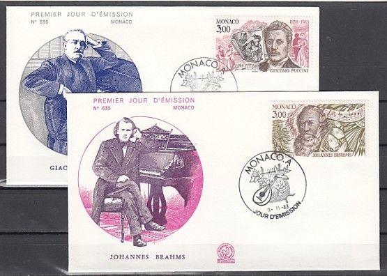 Monaco, Scott cat. 1389-1390. Composers Brahms & Puccini. First day cover. ^