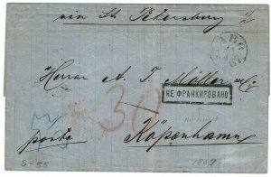 Finland 1867 Abo cancel on stampless cover to Denmark, boxed Not Franked hs