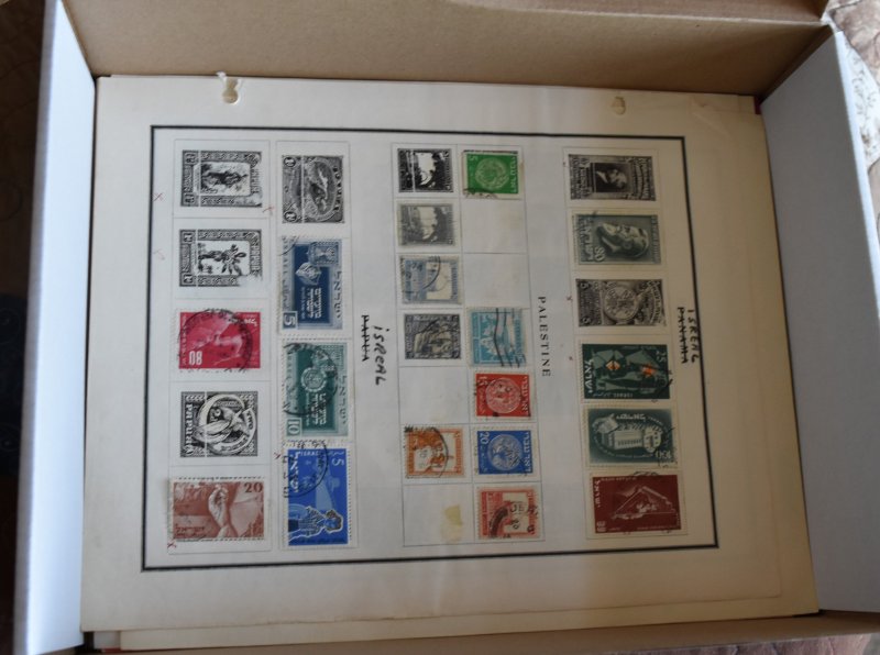 Boxed Lot of Remnant Album Pages, Stamps, Old Department Store Sets & More