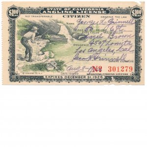 CAFX-13 1926 State of California Angling License, Wildlife, Hunting, Fishing