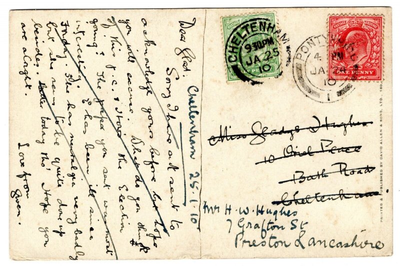 GB Wales UNUSUAL KEVII FRANKING 1910 Card PONTYPRIDD Forwarded CHELTENHAM PE128 